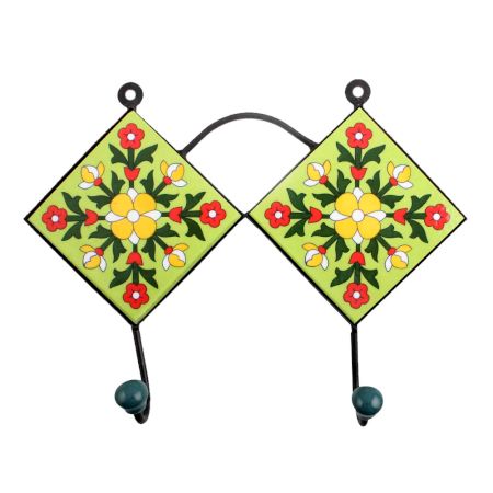 Lime Green Yellow Floral Tiles Hooks
